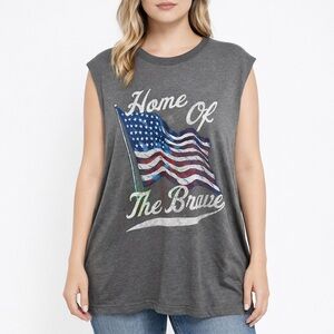 Patriotic Home of the Brave Sleeveless Graphic Tee Gray 2XL
